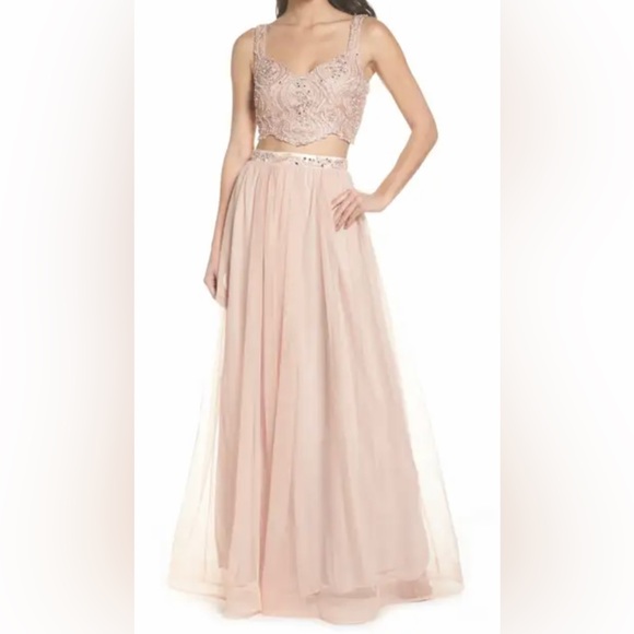 Pink Beaded Lace Two Piece Prom Gown - Picture 1 of 3